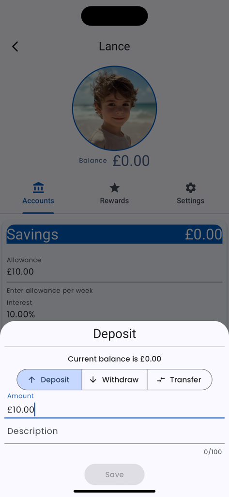 Allowabank (Allowance Monitor) - Eine mobile App-Oberfläche zum Einzahlen von Taschengeld auf das virtuelle Sparkonto eines Kindes