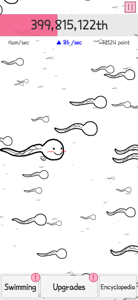 A screenshot of the Spermie Dash game showing sperm cells swimming in a race with a numerical ranking at the top.