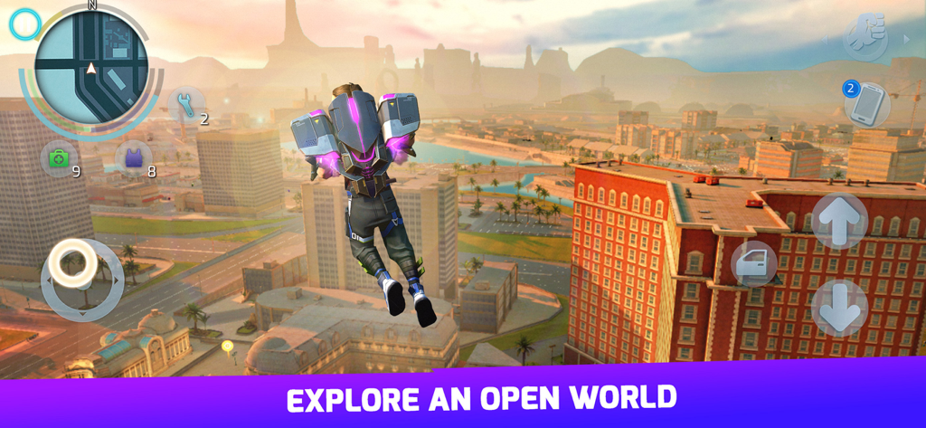 Character flying with a jetpack over a large city in Gangstar Vegas