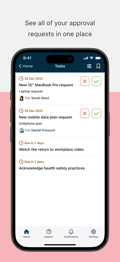 Now Mobile app interface showing a list of employee tasks and approval requests for IT and HR