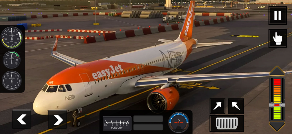 Flight Pro Plane Simulator 3d - Avión de EasyJet en la pista de un aeropuerto con controles de simulador de vuelo en pantalla.