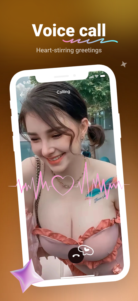 A smartphone screen displaying a simulated voice call with an AI companion from the Cola app including a heartbeat graphic and a smiling woman.