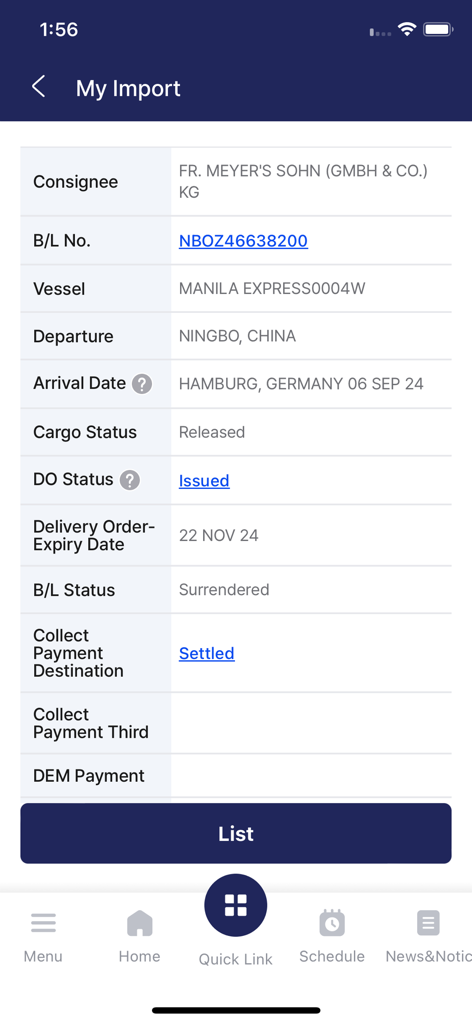 HMM e-Service - Pantalla de detalles de importación en la aplicación HMM e-Service que muestra información de envío y estado de la carga