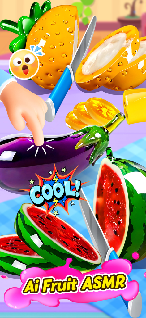 Colorful mobile game interface showing fruit being sliced and touched as part of the AI Fruit ASMR feature