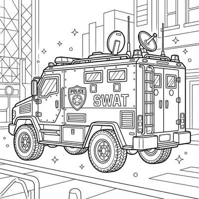 Dive into the world of emergency services with this exciting SWAT Vehicle coloring page. Featuring a robust armored truck, it's ready for your creative touch and a mission of vibrant colors.