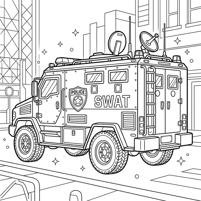 Dive into the world of emergency services with this exciting SWAT Vehicle coloring page. Featuring a robust armored truck, it's ready for your creative touch and a mission of vibrant colors.