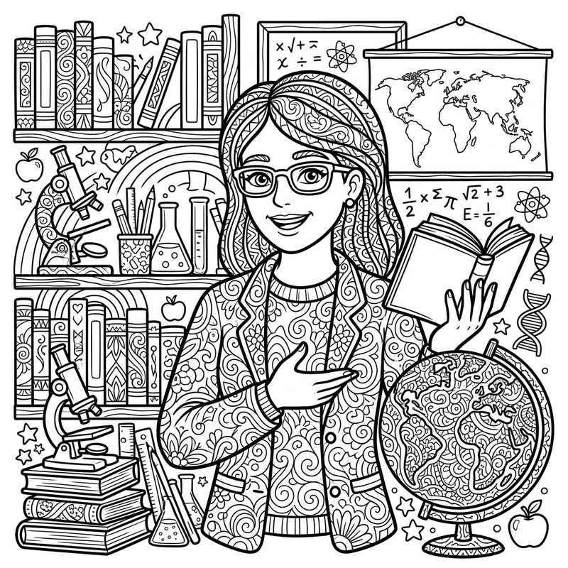 Unwind with this beautifully detailed teacher portrait, designed for adult coloring enthusiasts. This intricate scene captures the essence of education, offering a mindful escape into creativity.
