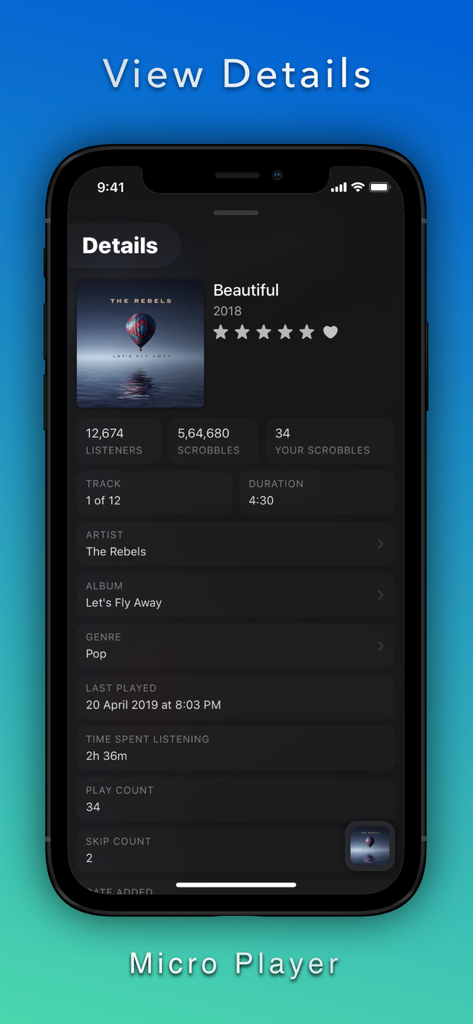 Marvis Pro - A screenshot of the Marvis Pro app showing detailed song metadata including scrobble statistics and play counts on an iPhone.