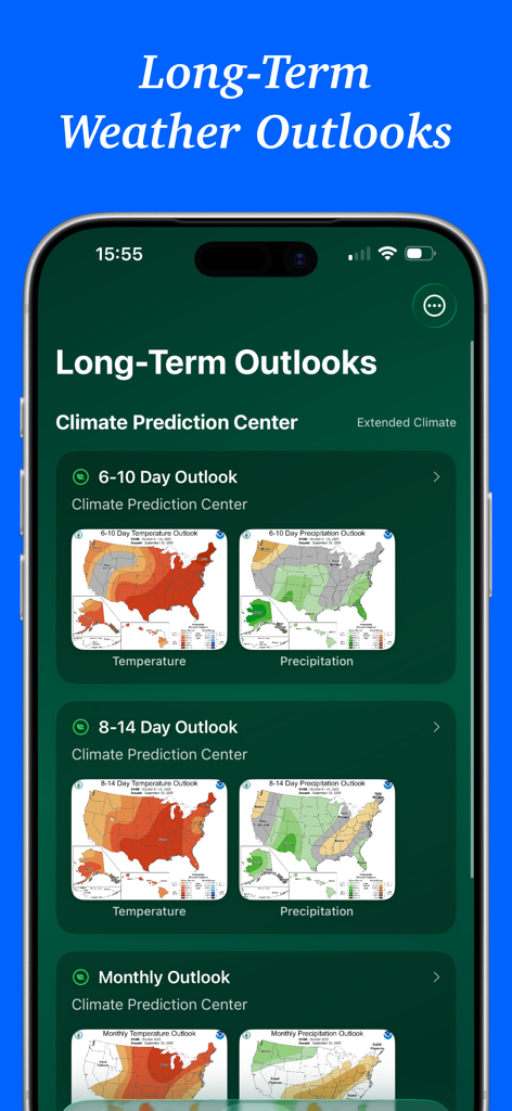 Aeravis Weather - Aplicación Aeravis Weather mostrando perspectivas y mapas meteorológicos a largo plazo del Centro de Predicción Climática.