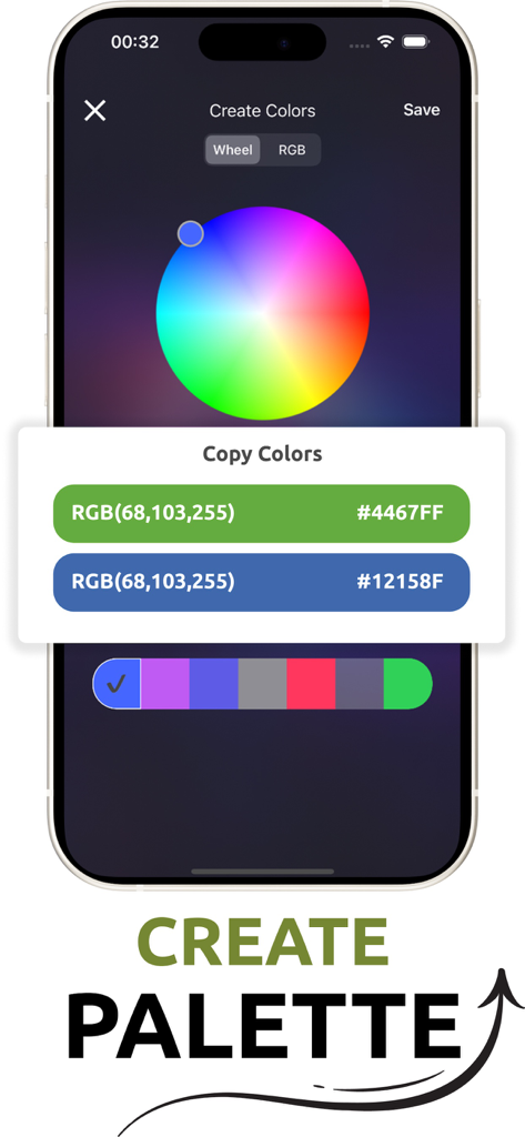 Color wheel app interface for generating palettes and copying HEX and RGB codes.