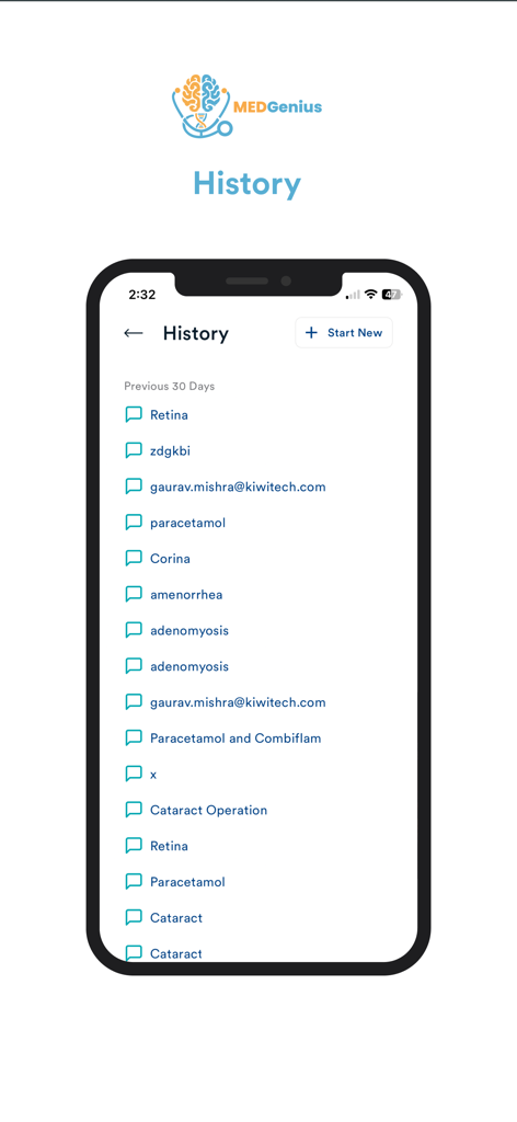 MedGenius: Powered by Dr Wise - Interfaz de la aplicación MedGenius que muestra la pantalla de historial de búsqueda con una lista de consultas médicas como retina, paracetamol y amenorrea.