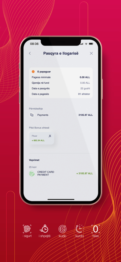 Mobile interface of BKT Smart app displaying credit card account statement and transaction history in Albanian