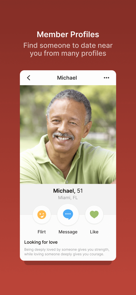 Widow Singles Dating App - Member profile screen on the Widow Singles Dating App showing a profile for a man named Michael.