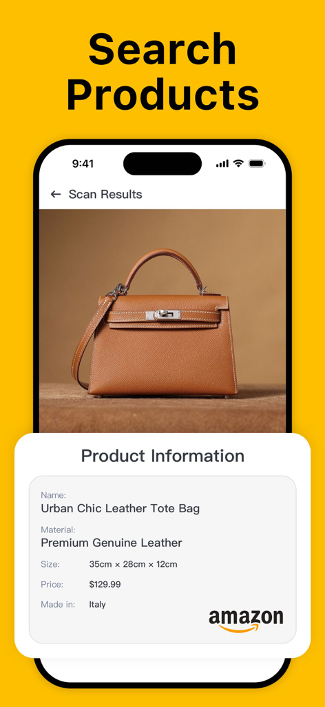 Mobile app screenshot displaying product information and price for a leather handbag identified using object recognition