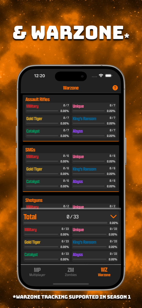 BO6 Camo Tracker - Warzone camo progression tracking interface for Black Ops 6 showing weapon categories and challenge progress.