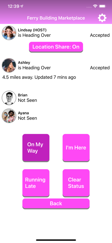 MeetHere - meetup with friends - Interface of the MeetHere app displaying friend arrival statuses and distance to a meeting point
