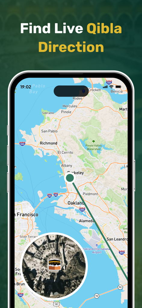 Qibla Compass - Qibla Locator - Interface de l'application mobile montrant une carte en direct avec une ligne pointant de l'emplacement de l'utilisateur vers la Kaaba à La Mecque.