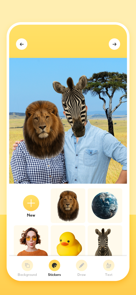 Cut Paste – Erase Background - Photo editor app interface showing a face swap with lion and zebra head stickers