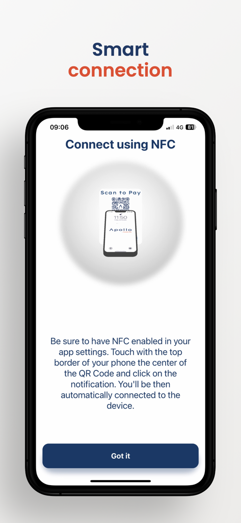 Apollo by FoodyTek - Apollo by FoodyTek app interface showing instructions for smart NFC connection and scan to pay functionality.