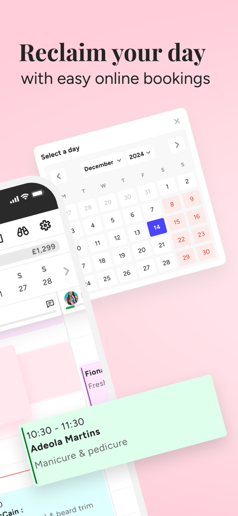 Book in Beautiful Business - Mobile interface of Book in Beautiful Business app showing an online booking calendar and client appointment details for a beauty professional.