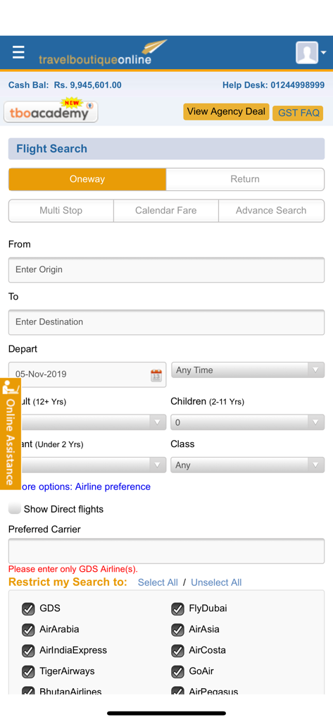 Travel Boutique Online - Flight search interface on the Travel Boutique Online B2B mobile portal for travel agents
