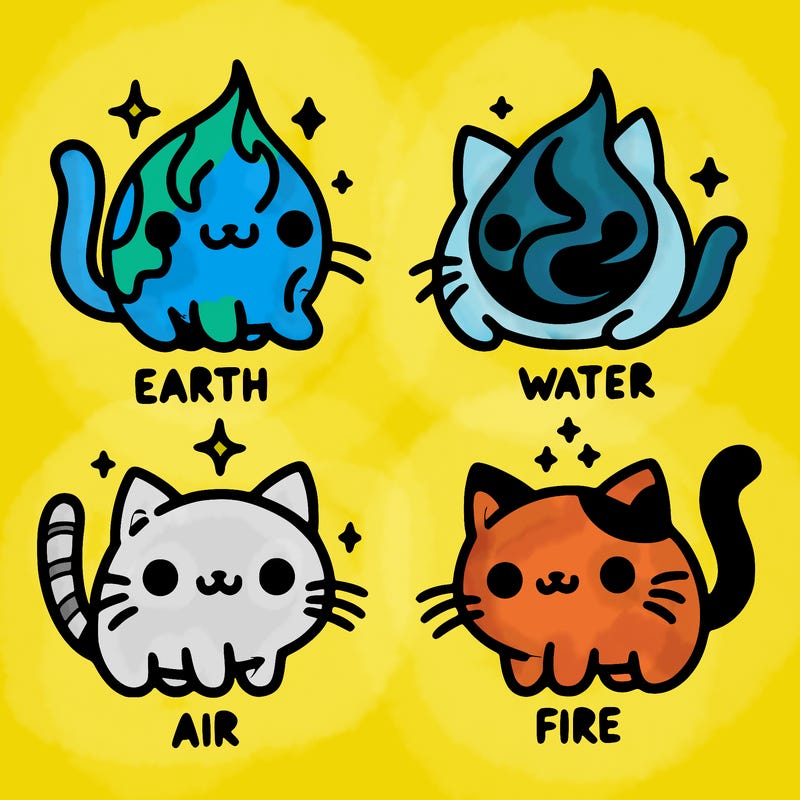 4 cats that represent the different elements, earth, water, air, and fire