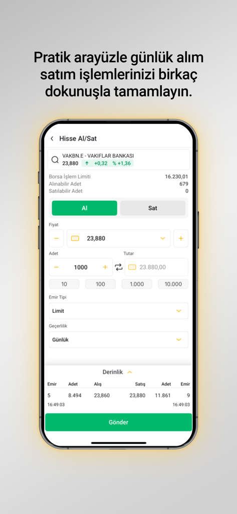 Tela de negociação de ações do aplicativo móvel TradeOnline mostrando opções de compra e venda para o Vakiflar Bankasi