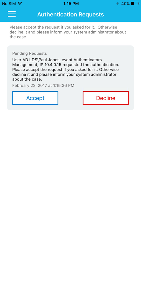 OT Advanced Authentication - Authentication request screen in the OT Advanced Authentication app showing accept and decline buttons for a pending login