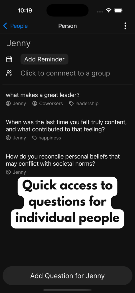 Exo: Have better conversations - Exo app interface displaying personalized conversation questions for a specific contact named Jenny