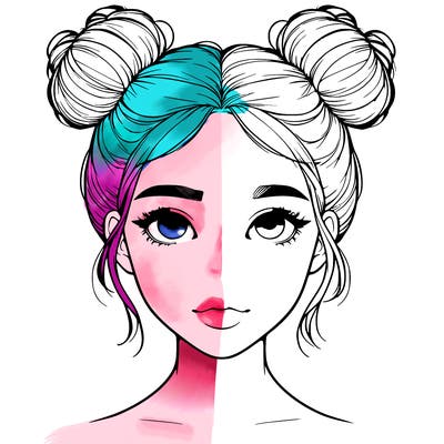realistic girl with two buns on top of her head