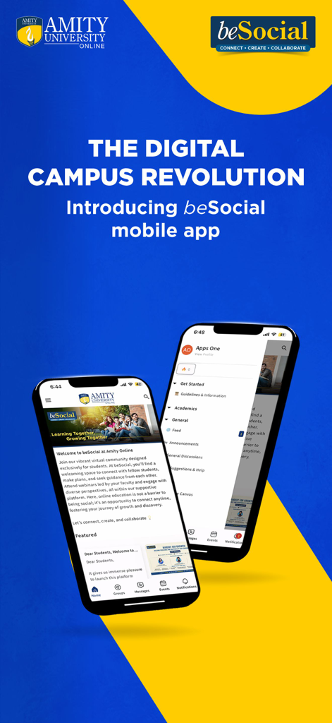 beSocial at Amity Online - Two smartphones displaying the beSocial app interface for Amity University Online students