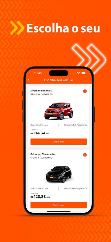 가격과 모델을 포함한 렌터카 선택을 위한 Movida 앱 화면.