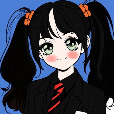 realistic girl with two ponytails and a suit on