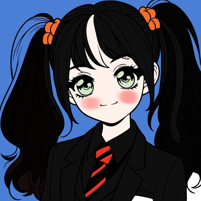 realistic girl with two ponytails and a suit on