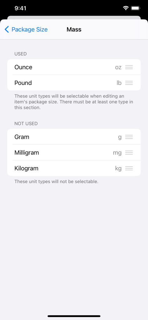 Easy Price Compare - Screenshot of the mass unit settings in the Easy Price Compare app showing options for Ounce Pound Gram Milligram and Kilogram