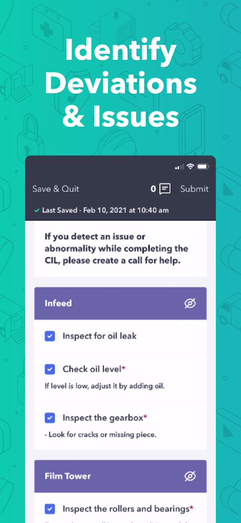 Poka App - Interfaccia dell'app Poka che mostra una checklist di ispezione industriale per identificare deviazioni e problemi della macchina nel reparto di produzione