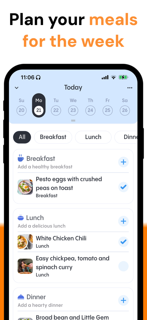 Reciply app screen showing a weekly meal planner with scheduled breakfast and lunch recipes