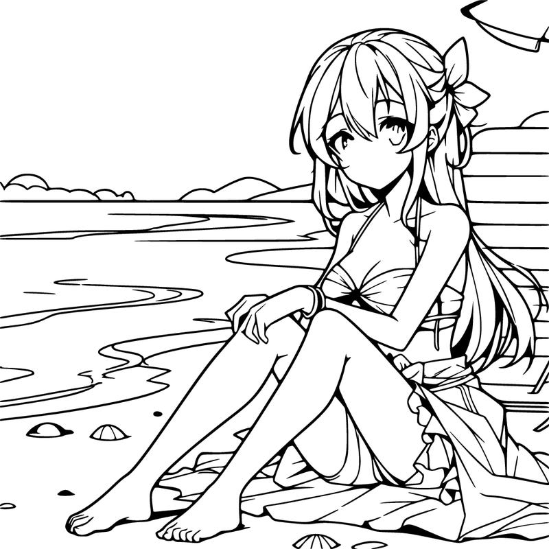 anime female sitting on the beach