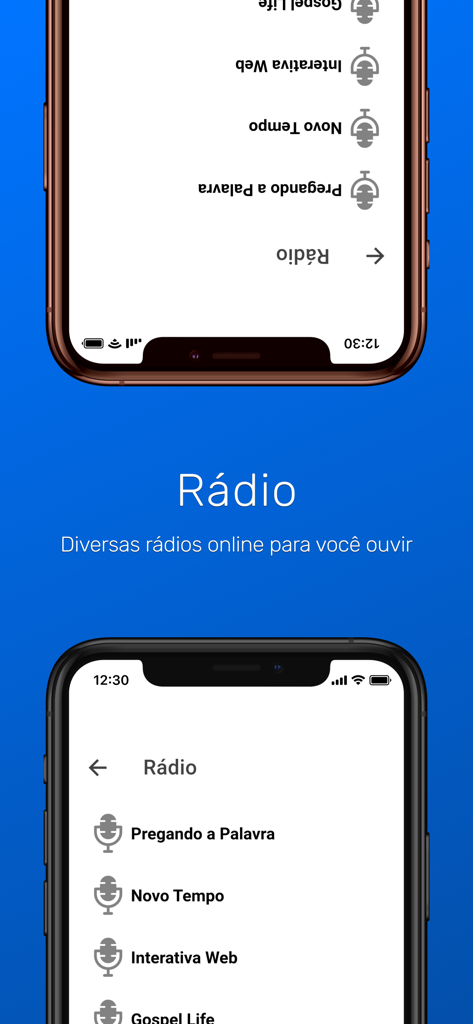 Biblia Sagrada Offline - Interfaz de la aplicación Biblia Sagrada sin Conexión mostrando una lista de estaciones de radio cristianas en portugués.