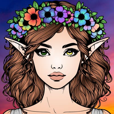 realistic female elf with flower crown