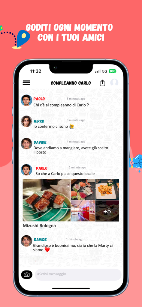 Sluurpy - eat & share - Interface de chat de groupe sur l'application Sluurpy où les amis discutent de choix de restaurants et partagent des photos de nourriture.