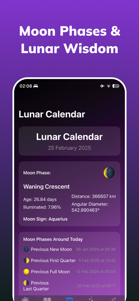 Wicca: Wiccan & Witchcraft - A screen from the Wicca app displaying the lunar calendar with current moon phase details including the waning crescent phase and moon sign Aquarius.
