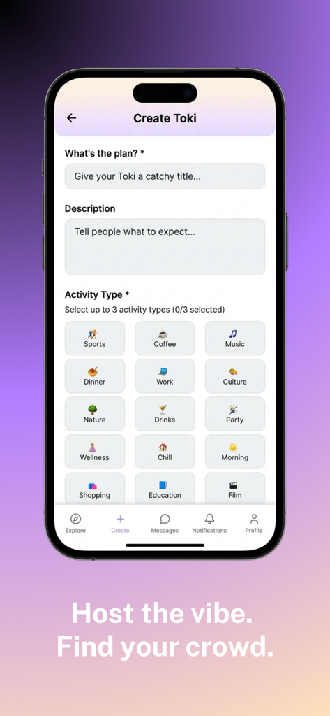 Interface of the Toki app showing the Create Toki screen with options to add a title, description, and select activity types like Music, Drinks, and Party.