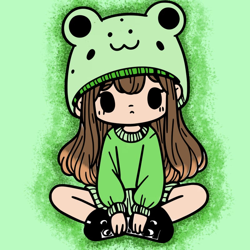 a girl wearing a frog hat and some frog socks