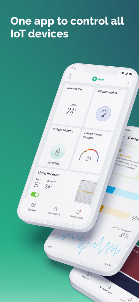 Blynk IoT 모바일 앱 인터페이스, 스마트 홈 장치(온도 조절기 및 조명) 제어를 위한 대시보드 표시