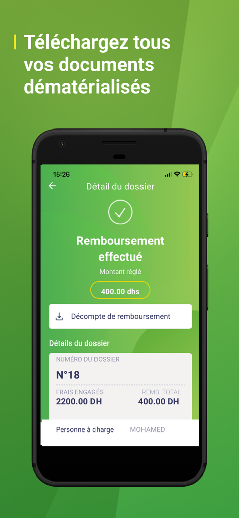 Sanlam Maroc - Sanlam Maroc app screen showing a successful insurance reimbursement for a health claim
