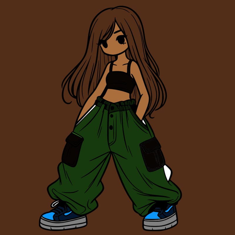 girl in baggy pants, crop top, and long hair