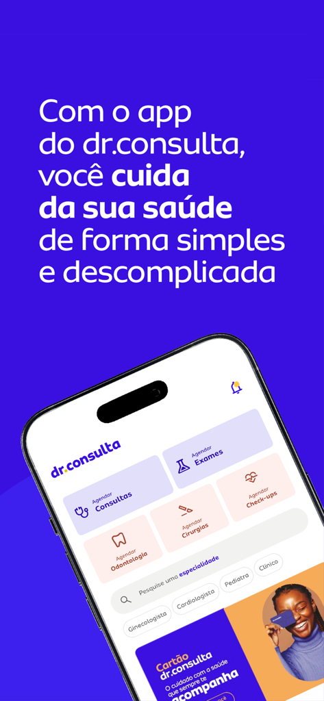 Tela de celular exibindo o painel do app dr.consulta para agendamento de consultas médicas e exames.