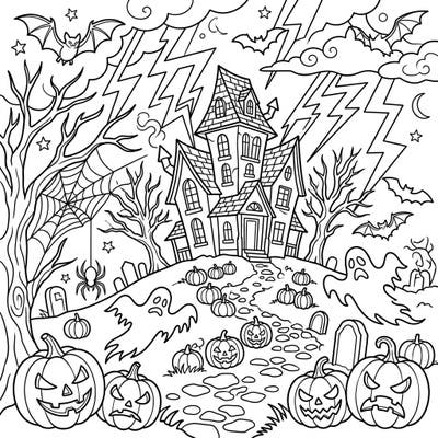 Dive into the eerie excitement of a Halloween night with this captivating coloring page featuring a haunted house and dramatic sheet lightning. Bring this spooky scene to life with your favorite colors, perfect for a festive creative escape.