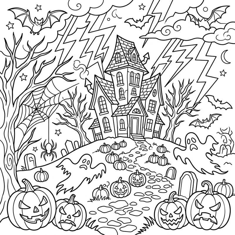 Dive into the eerie excitement of a Halloween night with this captivating coloring page featuring a haunted house and dramatic sheet lightning. Bring this spooky scene to life with your favorite colors, perfect for a festive creative escape.